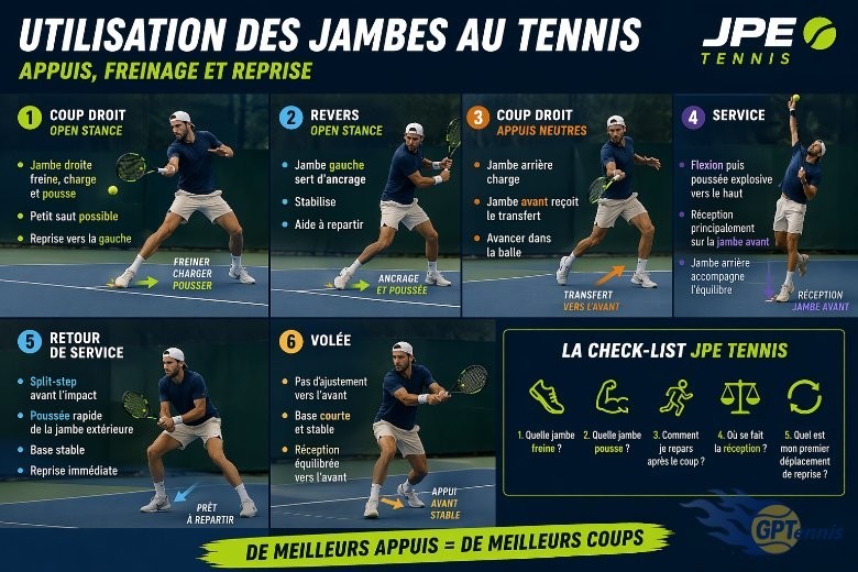 Utilisation des jambes au tennis : appuis, freinage et reprise